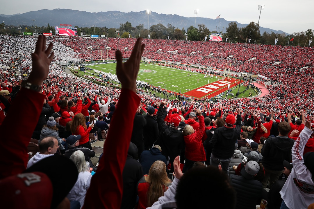 (Meg Oliphant | Special to The Tribune) Fans celebrate a touchdown by the Utah Utes in the second quarter against the Penn State Nittany Lions at Rose Bowl Stadium on Jan. 2, 2023 in Pasadena, Calif.