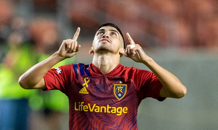 (Rick Egan  |  The Salt Lake Tribune)    Real Salt Lake midfielder Pablo Ruiz (6) celebrates game-tying goal late in the second period, MLS soccer action between Real Salt Lake and the Seattle Sounders, at Rio Tinto Stadium, Wednesday, Sept. 2, 2020.
