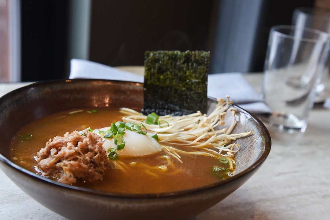 (Francisco Kjolseth  |  The Salt Lake Tribune)  Ramen with shredded pork, scallion, soft egg, enoki mushroom, nori and kimchee at Hearth & Hill a new restaurant in Kimball Junction that serves upscale comfort food at 1153 Center Drive in the Newpark Retail Center is one of the new restaurants available to try before (or after) the Sundance Film Festival. 