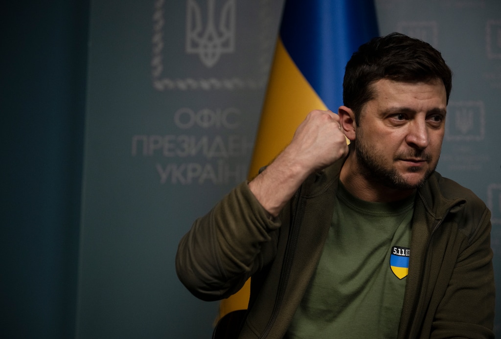 (Lynsey Addario | The New York Times) 

President Volodymyr Zelenskyy of Ukraine during a news conference in Kyiv, March 3, 2022.
