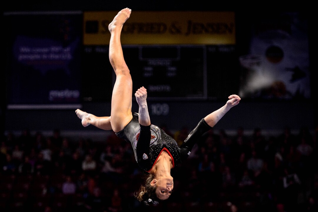 (Trent Nelson  |  The Salt Lake Tribune) Utah's Emilie LeBlanc on the beam at the Best of Utah NCAA Gymnastics Meet in West Valley City on Saturday, Jan. 11, 2020.