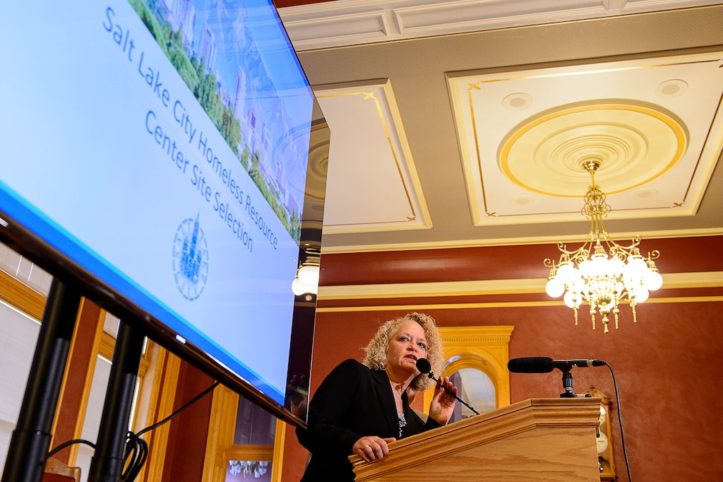 Trent Nelson | The Salt Lake Tribune
Salt Lake City Mayor Jackie Biskupski announces sites of four planned homeless shelters, Tuesday December 13, 2016.