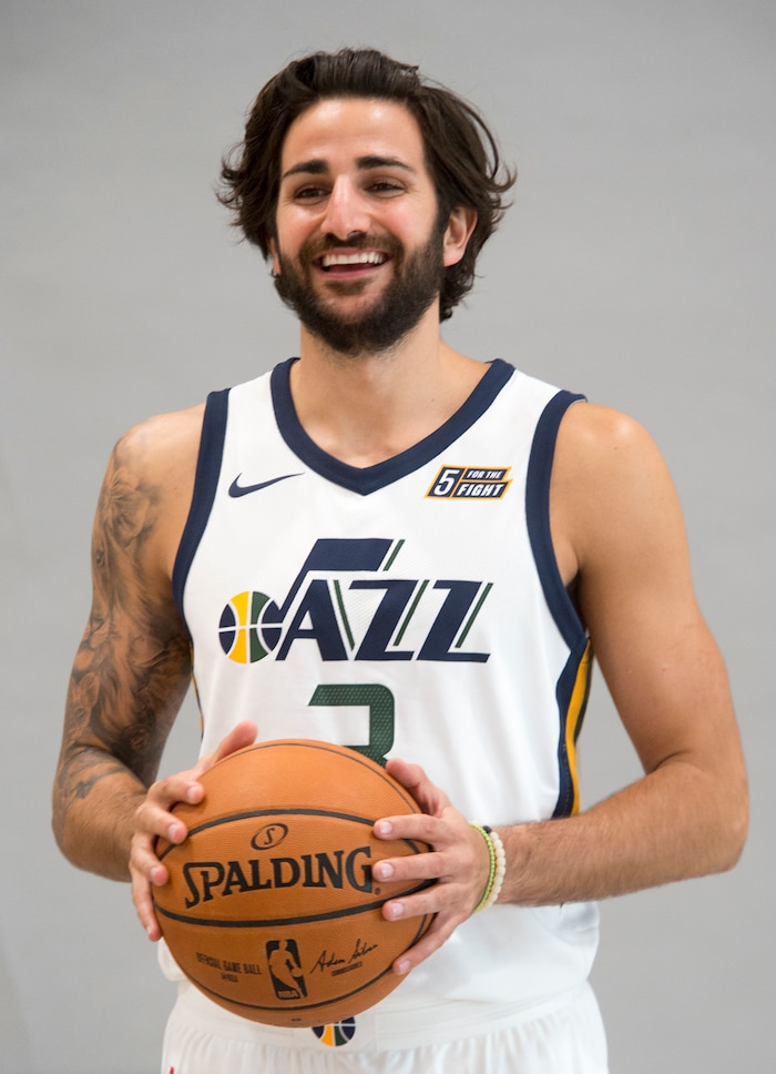 (Rick Egan  |  The Salt Lake Tribune) Utah Jazz guard, Ricky Rubio poses for photos, during the Utah Jazz media day, at the Zions Bank Basketball Center, Monday, September 25, 2017.


