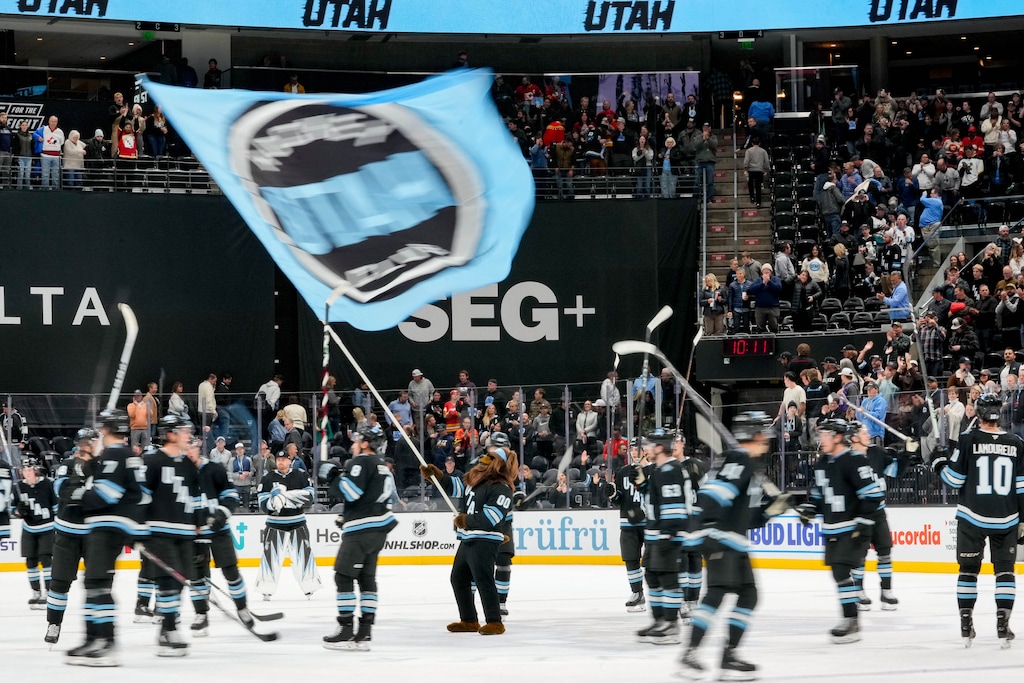 (Francisco Kjolseth  | The Salt Lake Tribune) Bear celebrates a Utah Hockey Club win of 5-1 over the Calgary Flames during an NHL hockey game at the Delta Center in Salt Lake City on Wednesday, Oct. 30, 2024.