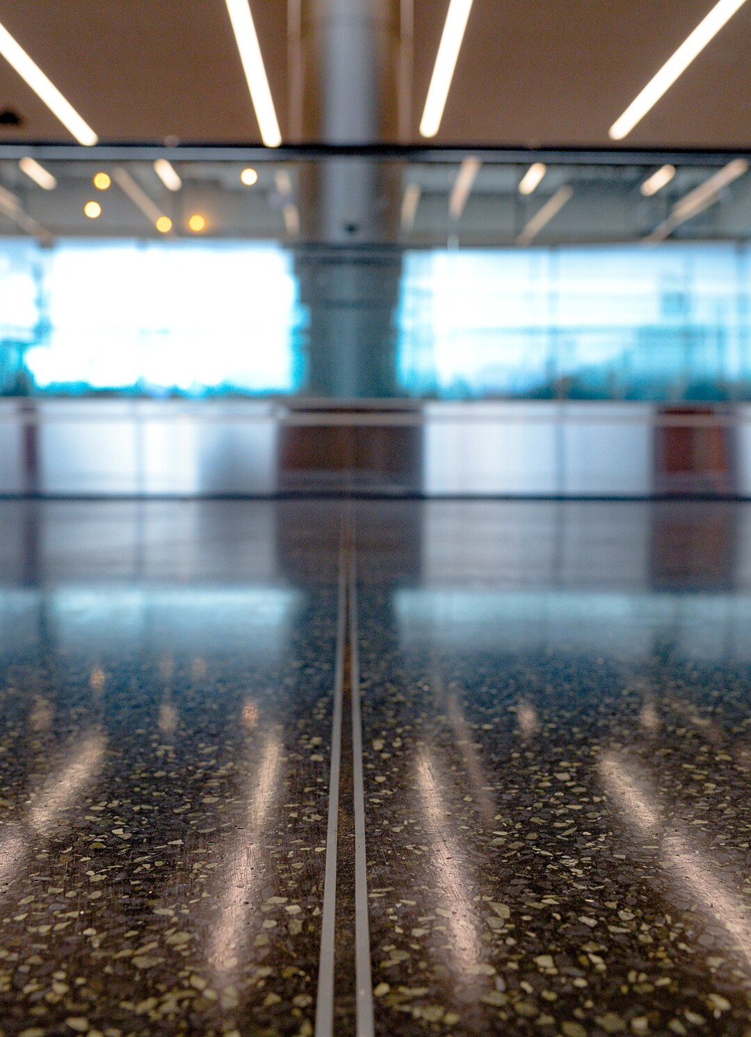 (Francisco Kjolseth  |  The Salt Lake Tribune) Polished terrazzo floors made up chips of marble and other stone products with cement or epoxy, forms a strong, durable flooring surface as crews continue their work in the first phase of construction of the Salt Lake City International Airport on Wednesday, May 20, 2020.