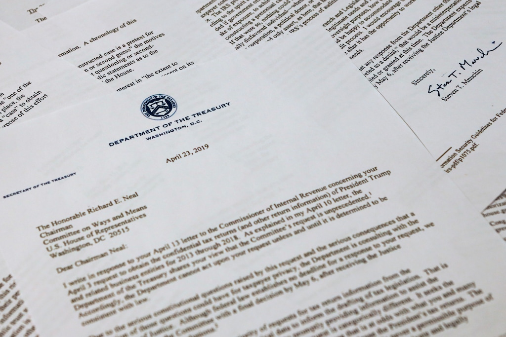 The letter from Treasury Secretary Steven Mnuchin to House Ways and Mean chairman Richard Neal of Mass., is photographed Tuesday, April 23, 2019, in Washington. Mnuchin is asking for more time to respond to House Democrats' request for President Donald Trump's tax returns. (AP Photo/Jon Elswick)