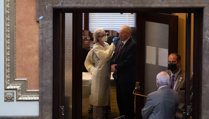 (Francisco Kjolseth  | The Salt Lake Tribune) Rep. Mike Kohler, R-Midway, receives a rapid test next to the House chamber as members of the House of Representatives prepare for the opening of the 2021 legislative session at the Capitol in Salt Lake City on Tuesday, Jan. 19, 2021.