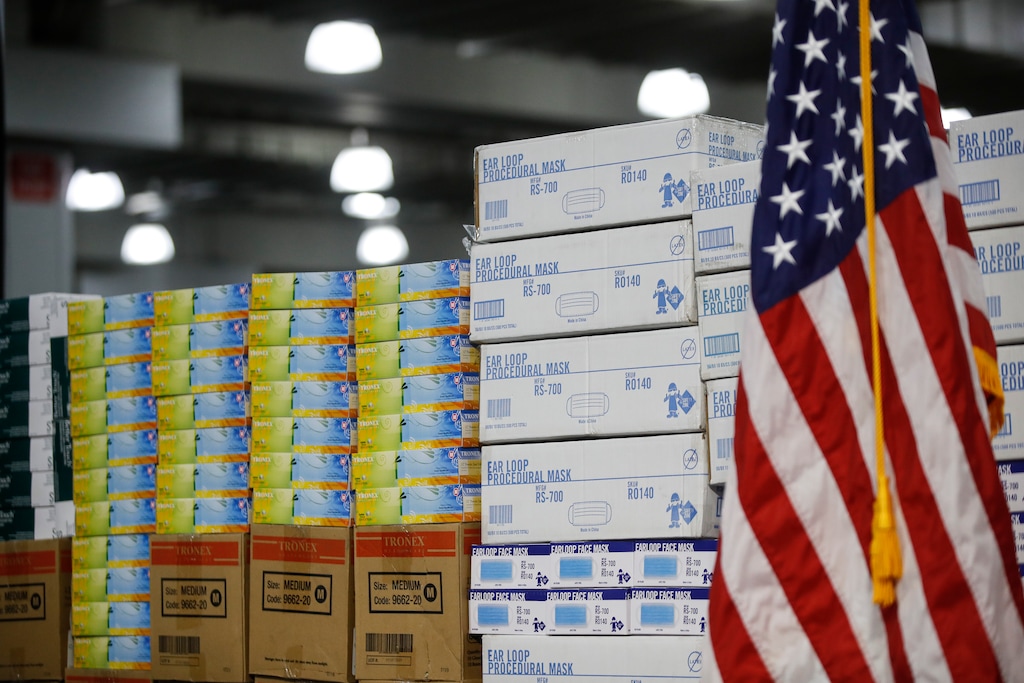 (John Minchillo | AP file photo) Stacks of medical supplies are housed on March 24, 2020, at the Jacob Javits Center that will become a temporary hospital in response to the COVID-19 outbreak in New York. A review of federal purchasing contracts by The Associated Press shows federal agencies waited until mid-March to begin placing bulk orders of N95 respirator masks, mechanical ventilators and other equipment needed by front-line health care workers.