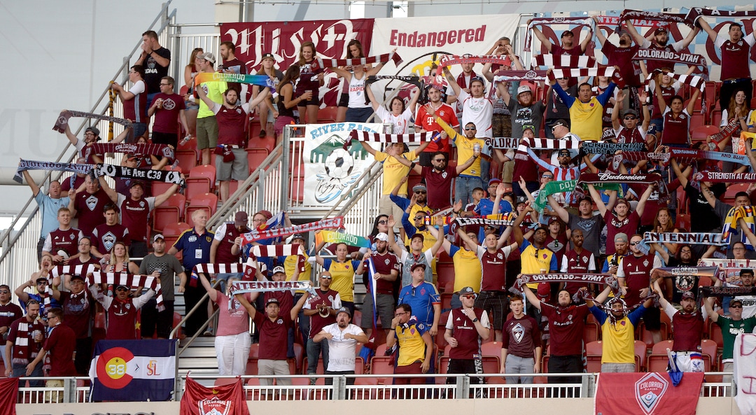 (Leah Hogsten  |  The Salt Lake Tribune) Colorado Rapids fans fill the visitor section.  Real Salt Lake are 2-0 against the Colorado Rapids for the Rocky Mountain Cup at Rio Tinto Stadium, Saturday, August 26, 2017. 