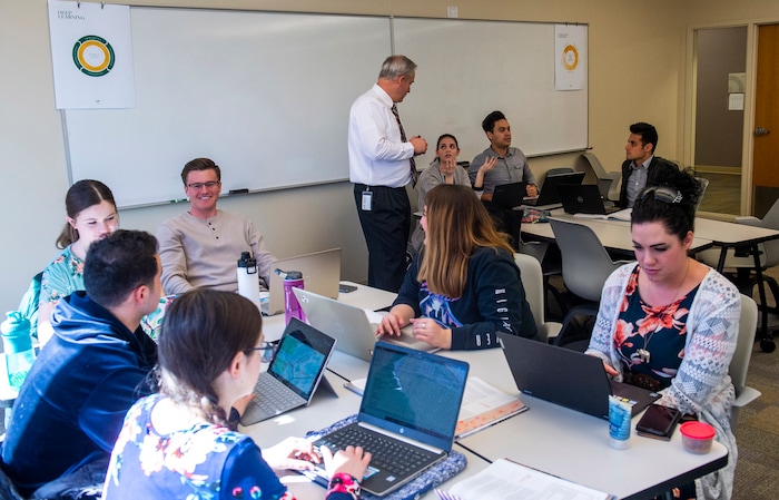 (Rick Egan  |  The Salt Lake Tribune)      Doug McDougal teaches an accounting class at LDS Business College.  The name of the college will soon be changed to Ensign College. Tuesday, Feb. 25, 2020.