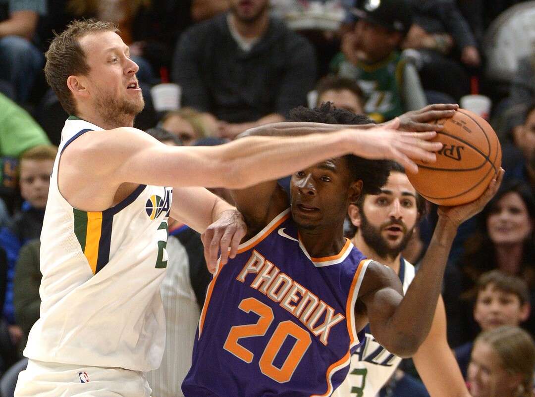 (Leah Hogsten  |  The Salt Lake Tribune)  Utah Jazz forward Joe Ingles (2) pressures Phoenix Suns forward Josh Jackson (20). The Utah Jazz defeated the Phoenix Suns 112-101 during preseason NBA basketball at Vivint Smart Home Arena in Salt Lake City, October 6, 2017.
