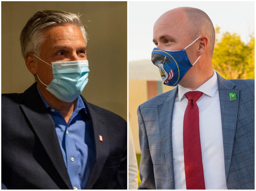 (The Salt Lake Tribune) Former Gov. Jon Huntsman left, and Lt. Gov. Spencer Cox, right, at their respective primary election events, June 30, 2020.