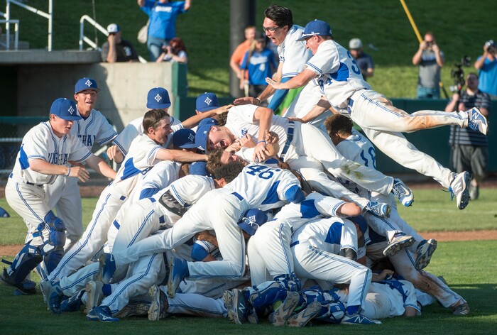 (Rick Egan  |  The Salt Lake Tribune)  The Bingham Miners storm the field to celebrate their win over Riverton, in 6A state baseball State  Championship game, at UVU in Orem, Friday, May 25, 2018.
