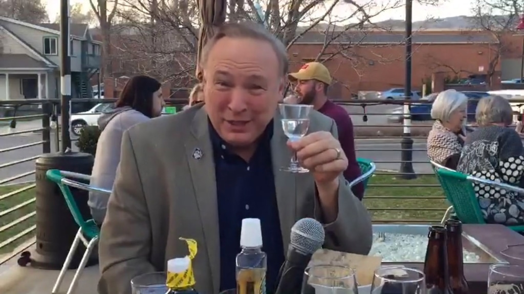 In this image taken from a Facebook Live video, Sen. Jim Dabakis, D-Salt Lake City, is shown drinking liquor and swishing mouthwash before taking a test to monitor his blood-alcohol content. Dabakis and friends shared the video, filmed at a Salt Lake City bar, to urge Gov. Gary Herbert to veto a bill that would lower Utah’s DUI blood-alcohol limit.