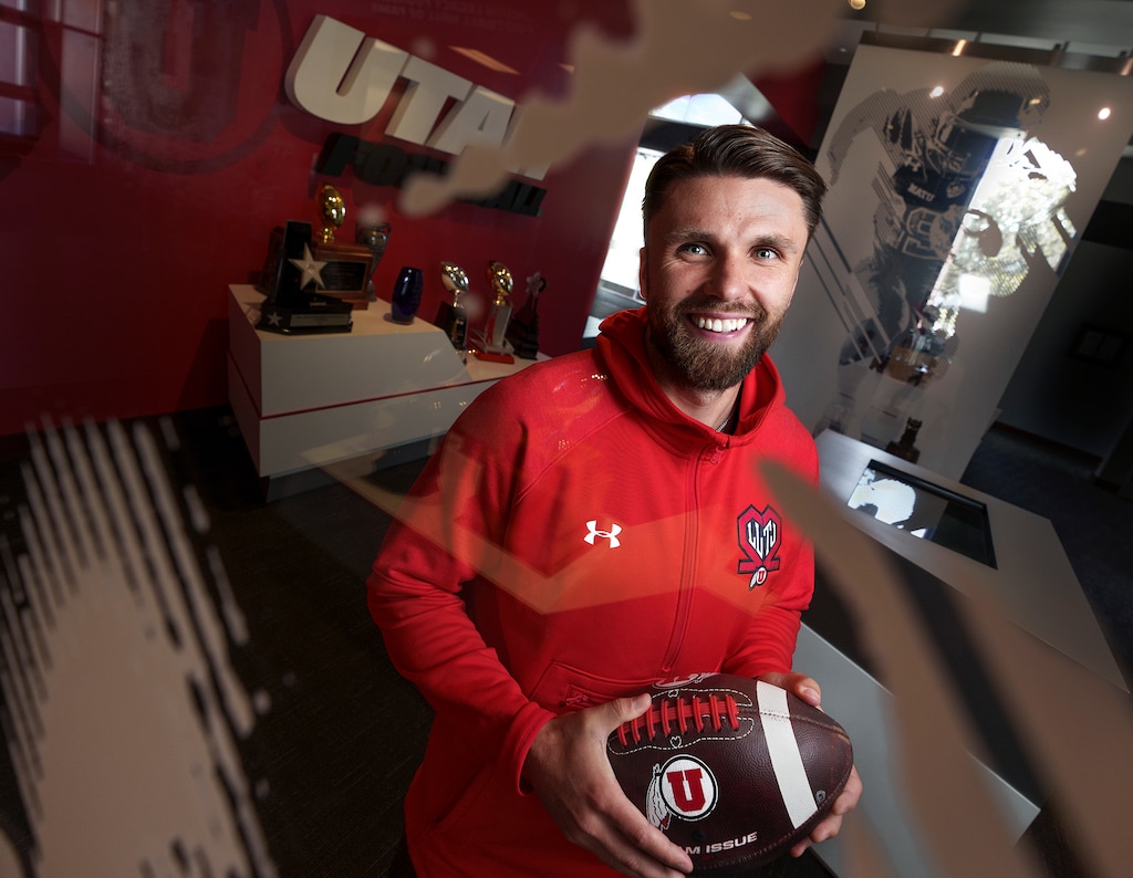 (Leah Hogsten | The Salt Lake Tribune) University of Utah football team kicker Jordan Noyes in the Spence and Cleone Eccles Football Center, Sept. 19, 2022. At the age of 30, Noyes is one of the oldest players in college football.