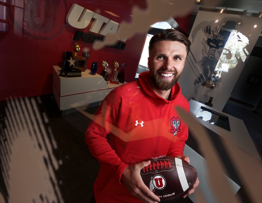 (Leah Hogsten | The Salt Lake Tribune) University of Utah football team kicker Jordan Noyes in the Spence and Cleone Eccles Football Center, Sept. 19, 2022. At the age of 30, Noyes is one of the oldest players in college football.