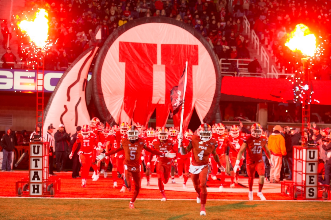 (Rick Egan  |  The Salt Lake Tribune)    Utah takes the field for football action between the Brigham Young Cougars and the Utah Utes, at Rice-Eccles Stadium, Saturday, November 24, 2018.