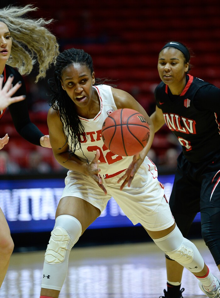 (Francisco Kjolseth  |  The Salt Lake Tribune)  Utah Utes forward Tanaeya Boclair (32) tries to get past UNLV as Utah hosts UNLV in women's NCAA basketball at the Huntsman Center, Thursday, March 15, 2018.