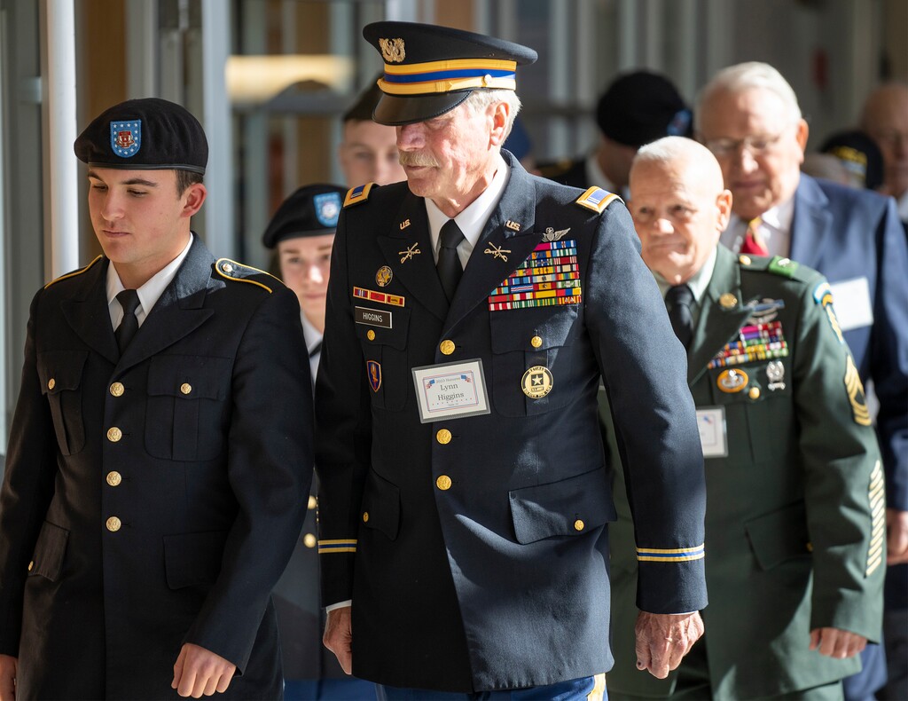 (Rick Egan | The Salt Lake Tribune) Eleven Utah Veterans enter the ballroom at the University of Utah for the 25th Annual Commemoration Ceremony, on Friday, Nov. 10, 2023.