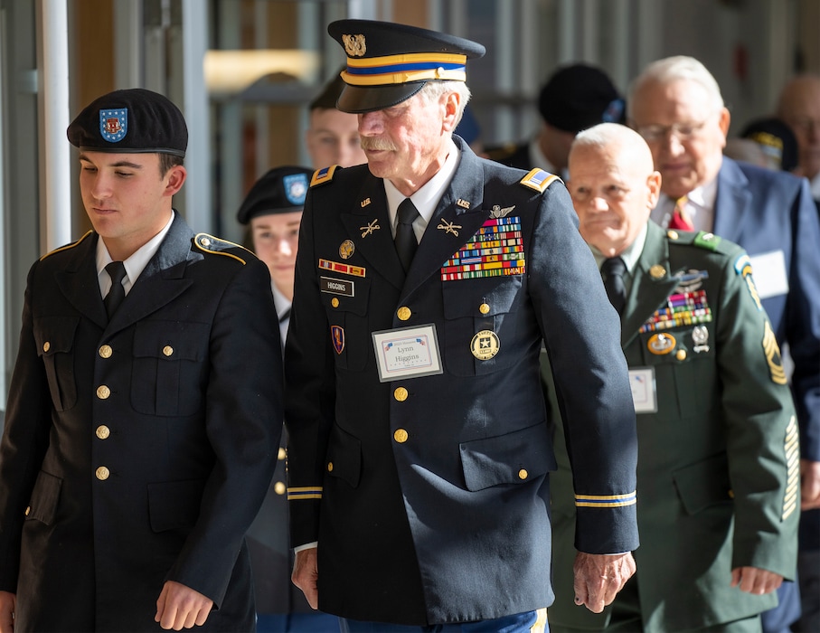 (Rick Egan | The Salt Lake Tribune) Eleven Utah Veterans enter the ballroom at the University of Utah for the 25th Annual Commemoration Ceremony, on Friday, Nov. 10, 2023.