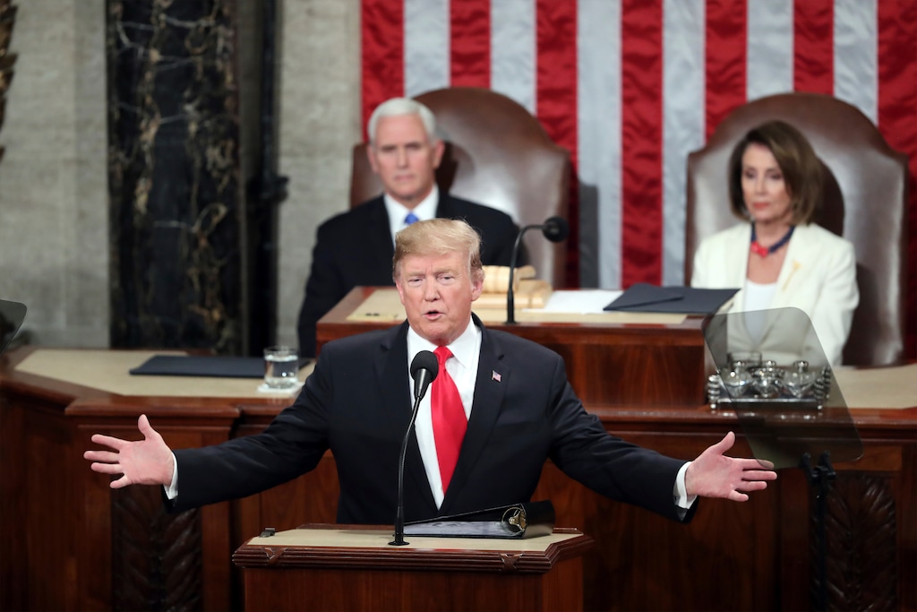 President Donald Trump delivers his State of the Union address to a joint session of Congress on Capitol Hill in Washington, as Vice President Mike Pence and Speaker of the House Nancy Pelosi, D-Calif., watch, Tuesday, Feb. 5, 2019. (AP Photo/Andrew Harnik)