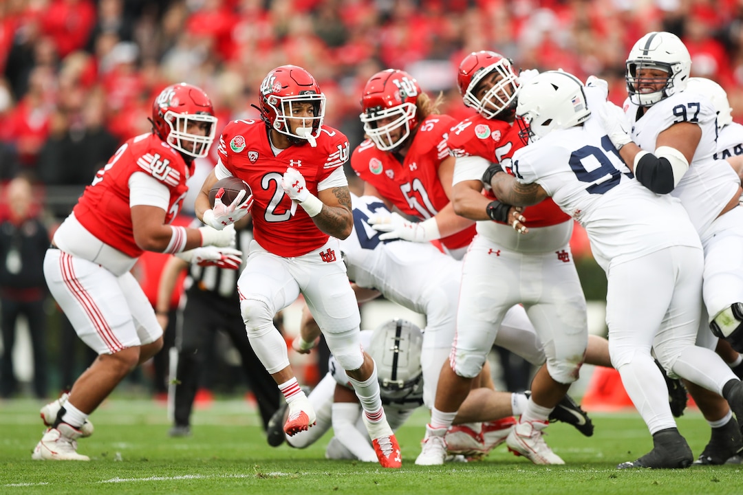 (Meg Oliphant | Special to The Tribune) Utah running back Micah Bernard (2) runs the ball in the second quarter against the Penn State Nittany Lions at Rose Bowl Stadium on Jan. 2, 2023 in Pasadena, California.