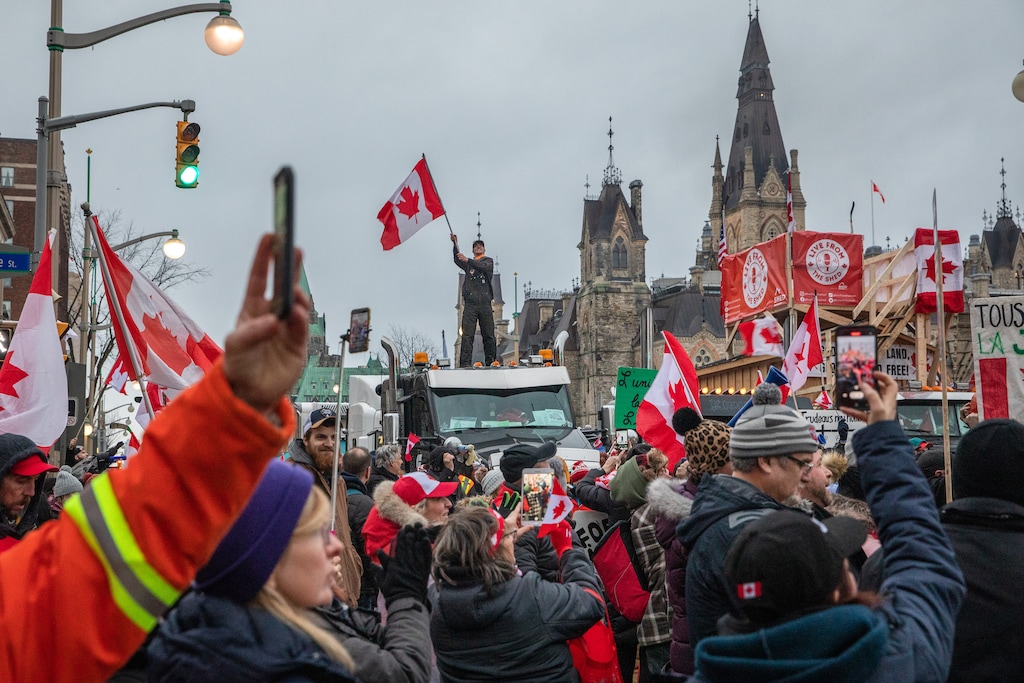 (Brett Gundlock  | The New York Times)

Protestors in downtown, Ottawa, Canada, Feb. 11, 2022.
