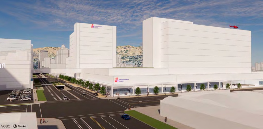 (Intermountain Health) A rendering of Intermountain Health's proposed downtown hospital as viewed from the intersection of Main Street and 800 South looking north.