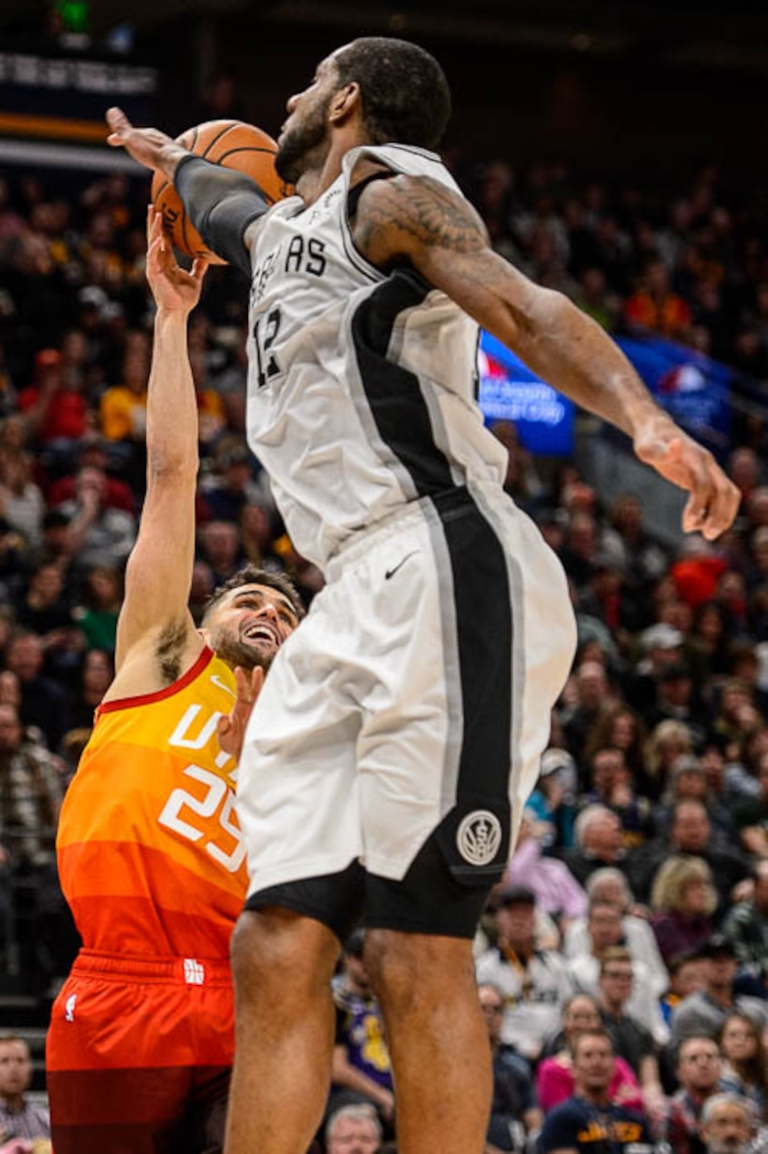 (Trent Nelson | The Salt Lake Tribune)  
Utah Jazz guard Raul Neto (25) shoots with San Antonio Spurs center LaMarcus Aldridge (12) defending as the Utah Jazz host the San Antonio Spurs, NBA basketball in Salt Lake City on Saturday Feb. 9, 2019.