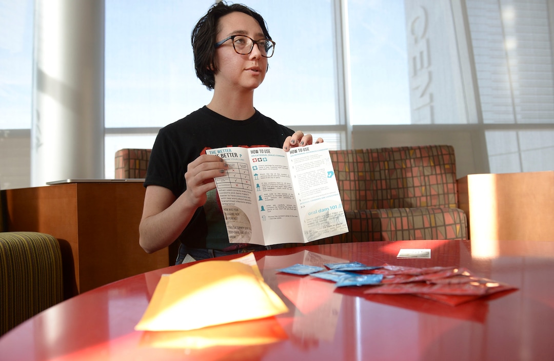 (Leah Hogsten  |  The Salt Lake Tribune)  University of Utah student Grace Mason wants you to talk about sex. "We hope to break down the stigmas," said Mason, Jan 15, 2020, who along with The Center for Student Wellness created "The Pleasure Pack"  discreet delivery and pick-up service to increase access to safer sex supplies and increase sexual and reproductive health knowledge. University of Utah students can customize their Pleasure Pack with external or internal condoms, oral dams, and water or silicone-based lubricants.