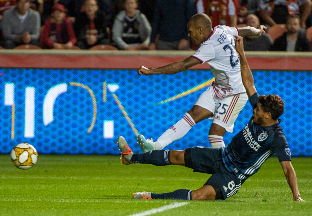 (Rick Egan  |  The Salt Lake Tribune)   Los Angeles Galaxy midfielder Jonathan dos Santos (8) collides withReal Salt Lake midfielder Damir Kreilach (8), in MLS soccer action between Real Salt Lake and Los Angeles Galaxy at Rio Tinto Stadium, Wednesday, Sept. 25, 2019.