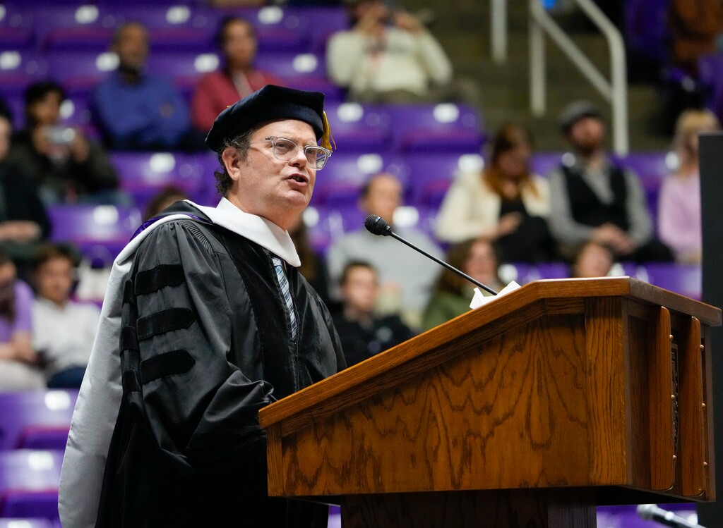 (Bethany Baker  |  The Salt Lake Tribune) Celebrity Rainn Wilson delivers the commencement address at the graduation ceremonies at Weber State University in Ogden on Friday, April 26, 2024.