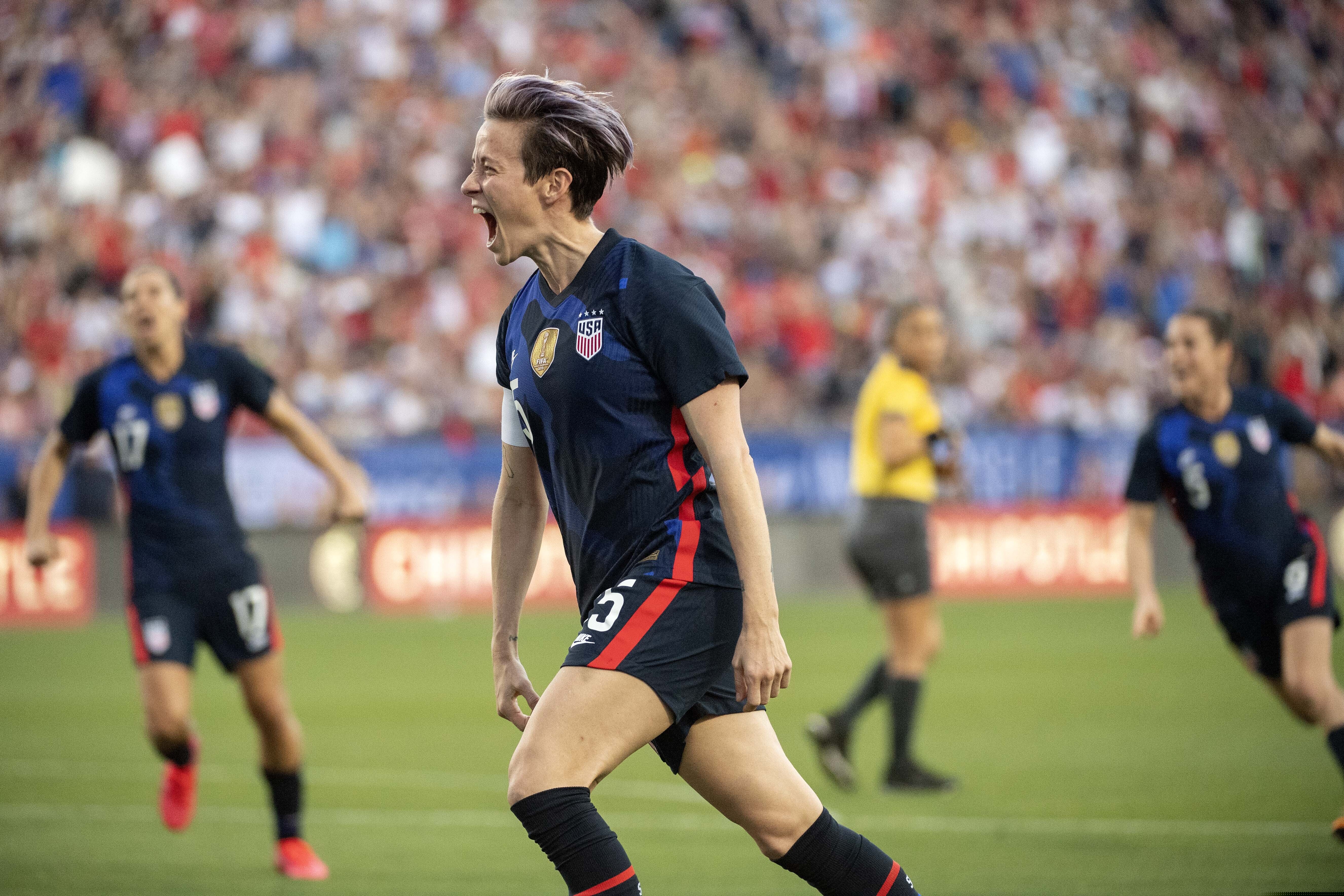 (Jeffrey McWhorter | AP file photo) United States forward Megan Rapinoe (15) celebrates after scoring on a free kick against Japan during the first half of a SheBelieves Cup women's soccer match, Wednesday, March 11, 2020 at Toyota Stadium in Frisco, Texas.