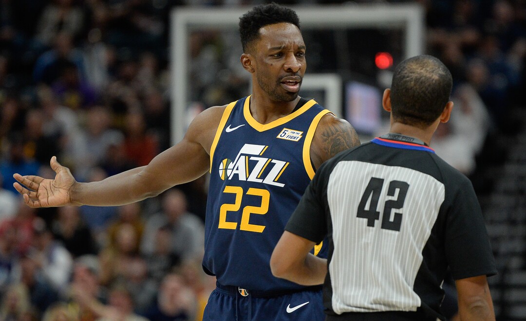 (Francisco Kjolseth  |  The Salt Lake Tribune)  Utah Jazz forward Jeff Green (22) argues with referee Brian Forte (45) as the Utah Jazz host the New Orleans Pelicans in their NBA basketball game at Vivint Smart Home Arena in Salt Lake City on Sat. Nov. 23, 2019.