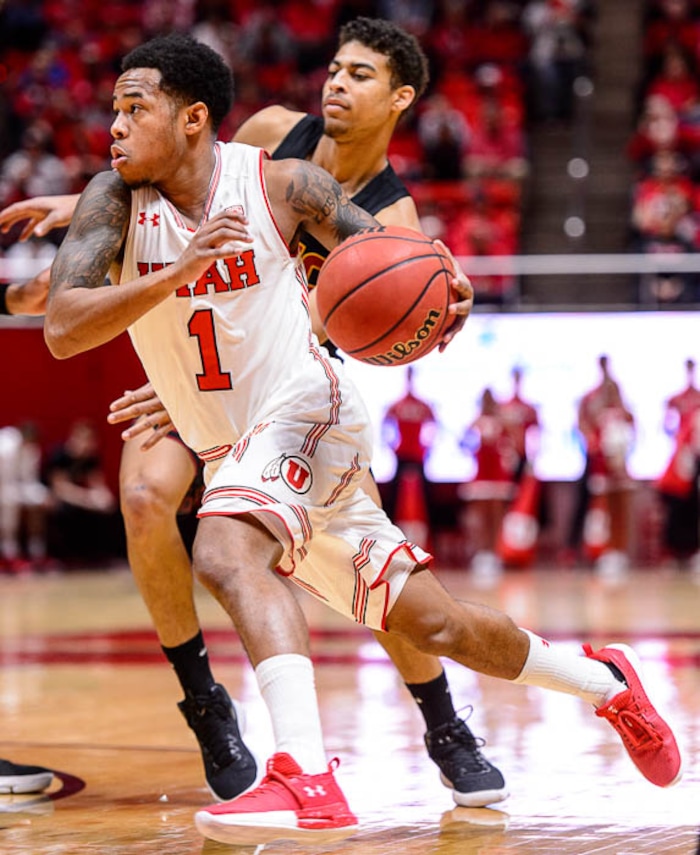 (Trent Nelson | The Salt Lake Tribune)  Utah Utes guard Justin Bibbins (1) as the University of Utah hosts USC, NCAA basketball at the Huntsman Center in Salt Lake City, Saturday Feb. 24, 2018.