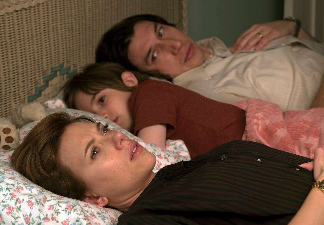 This image released by Netflix shows Scarlett Johansson, left, and Adam Driver in "Marriage Story." On Monday, Dec. 9, 2019, Johansson was nominated for a Golden Globe for best actress in a motion picture drama for her role in the film. (Netflix via AP)