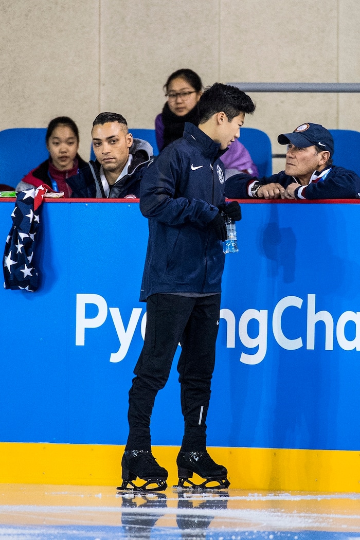 (Chris Detrick | The Salt Lake Tribune) Salt Lake City's Nathan Chen talks with coach Rafael Arutyunyan during his practice of the Men's Single Skating Short Program for the Team Event at the Gangneung Ice Arena Thursday, February 8, 2018.