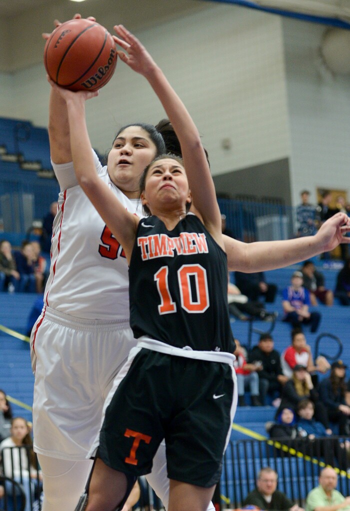 (Leah Hogsten  |  The Salt Lake Tribune) Timpview's Jazzy Espinoza (10)  East faces Timpview in the championship game of the 5A High School Girls' Basketball Tournament at SLCC in Taylorsville, Saturday, Feb. 24, 2018.