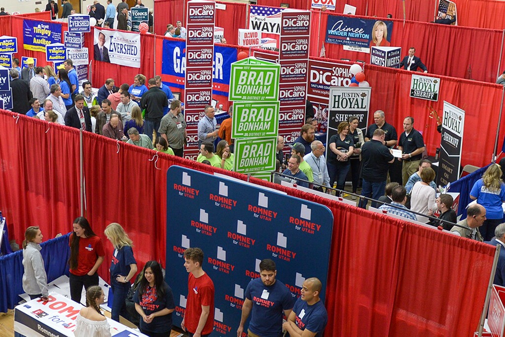 (Leah Hogsten  |  Tribune file photo) Delegates walk throughout the gymnasium and hallways of Cottonwood High School, listening to candidates and casting their ballots at the Salt Lake County Republican Party Organizing Convention, Friday, April 13, 2018. The state Republican Party Convention is slated for Saturday, April 21.