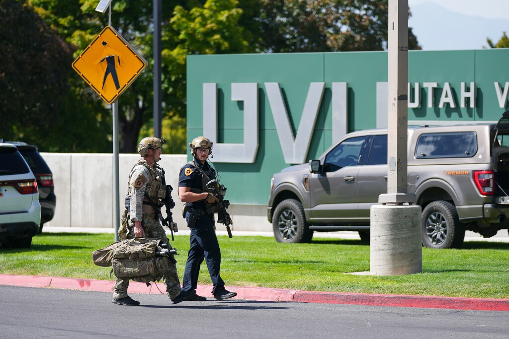 (Bethany Baker | The Salt Lake Tribune) Members of law enforcement canvass Utah Valley University in Orem where conservative commentator Charlie Kirk was shot and killed during an event at campus on Wednesday, Sept. 10, 2025.
