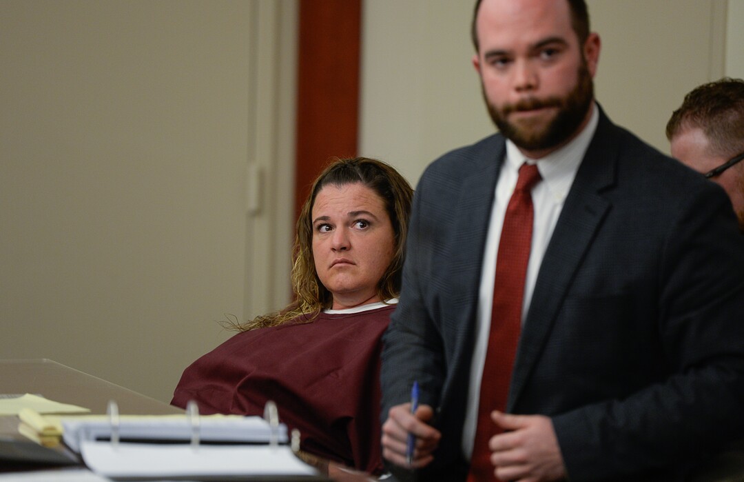 (Francisco Kjolseth  |  The Salt Lake Tribune)  Shutney Kyzer attends her preliminary hearing alongside defense attorney Neil Webster on Monday, Jan. 8, 2018, for allegedly driving a car onto the sidewalk in downtown Salt Lake City on July 4, 2017, killing one homeless person, 27-year-old Kendra Griffis, and injuring five others.