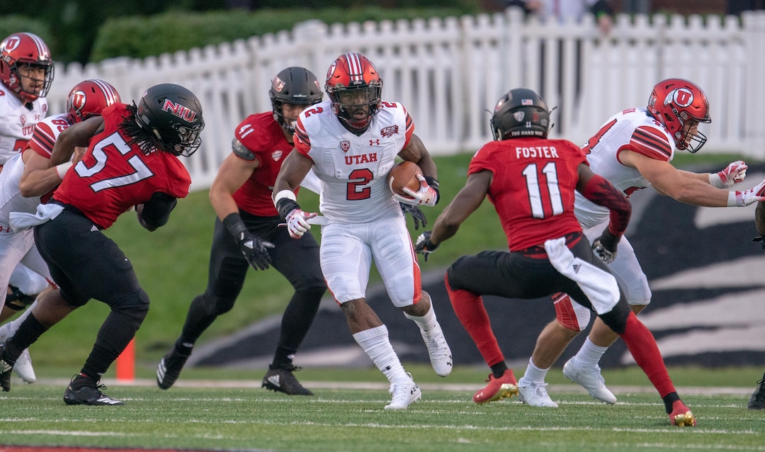 Utah Utes running back Zack Moss (2) carries the bvall against the NIU Huskies during a college football game at Huskie Stadium in DeKalb, IL on Saturday, Sept. 08, 2018 (Sean King | for The Salt Lake Tribune)