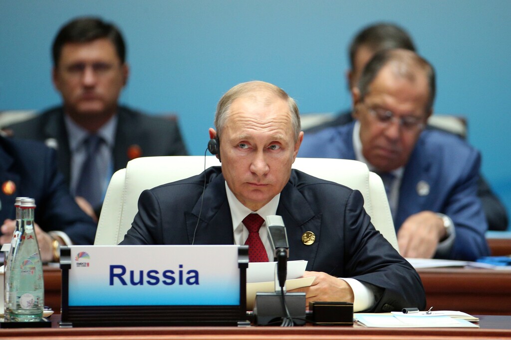 Russian President Vladimir Putin attends  the Dialogue of Emerging Market and Developing Countries on the sideline of the BRICS Summit in Xiamen, China, Sept. 5, 2017. (Wu Hong/Pool Photo via AP)