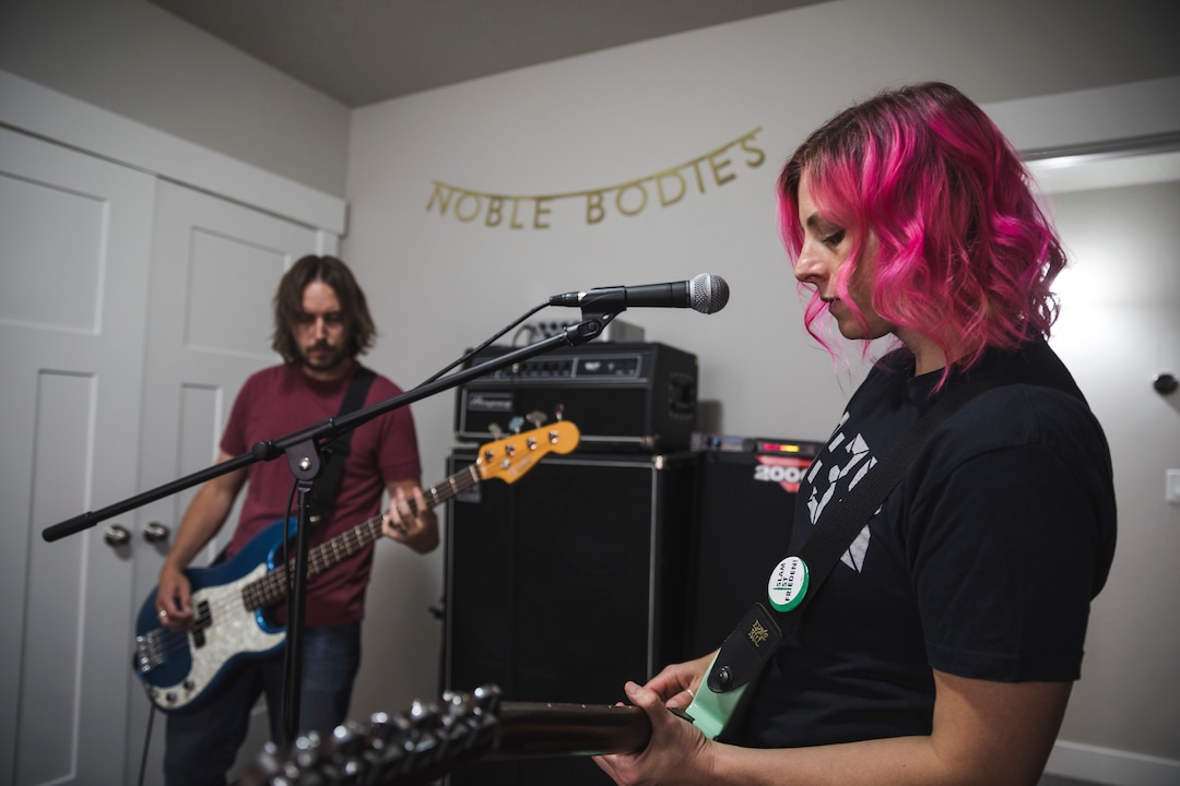 (Clark Clifford  |  For The Salt Lake Tribune) Chris Bennett and Elaine Bradley of Noble Bodies, practice for an upcoming show in the band's rehearsal space in Orem on Saturday, Aug. 3, 2019.