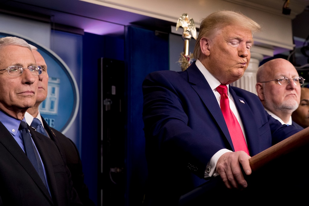 (Andrew Harnik | AP photo)
In this Feb. 29 photo, President Donald Trump, accompanied by, from left, National Institute for Allergy and Infectious Diseases Director Dr. Anthony Fauci, Vice President Mike Pence, and Robert Redfield, director of the Centers for Disease Control and Prevention, reacts to a question during a news conference on the coronavirus in the press briefing room at the White House in Washington. Public health officials were already warning Americans about the need to prepare for the coronavirus threat in early February when President Donald Trump called it “deadly stuff” in a private conversation that has only now has come to light.