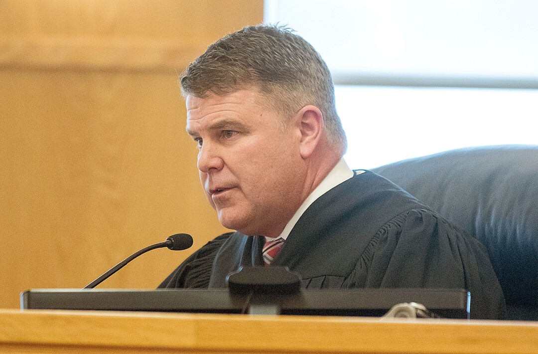 (Eli Lucero  |  Herald Journal, pool) Judge Kevin Allen speaks during Colter Peterson's sentencing hearing for attempted aggravated murder and robbery, Thursday, Feb. 1, 2018, in Logan, Utah. Peterson received a sentence of 15 years to life for shooting Deserae Turner in February 2017, and leaving her for dead in a dry irrigation canal in Smithfield, Utah.