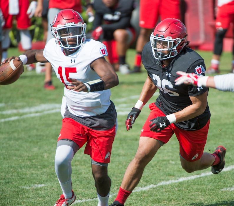 (Rick Egan  |  The Salt Lake Tribune)  Utah linebacker Francis Bernard (36) goes after the quarterback Jason Shelley, during practice, Wednesday, Aug. 15, 2018.