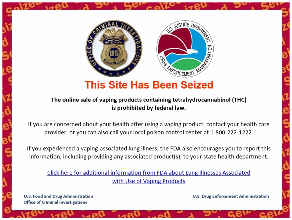 (AP) This Friday, Dec. 20, 2019 image shows the official message on one of 44 websites seized by the U.S. Drug Enforcement Administration for advertising the sale of illicit THC vaping cartridges to U.S. consumers, as part of Operation Vapor Lock.