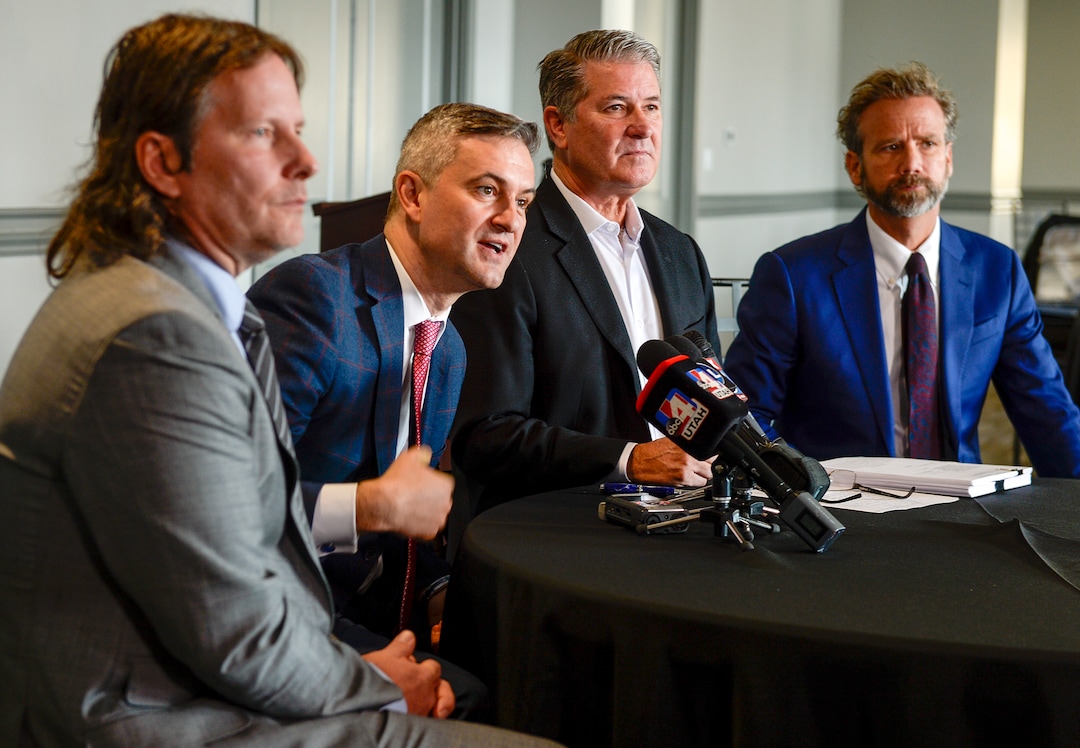 Leah Hogsten  |  The Salt Lake Tribune  Attorneys l-r Sam Adams, Alan Rosca, J. Barton Goplerud and Darren Davis, represent over 400 people who were defrauded by Gaylen Dean Rust of Salt Lake CityÕs  Rust Rare Coin Inc.. The attorneys announced they filed a federal class action suit, Jan.8, 2019 against Zions Bank, accusing the financial institution of knowingly allowing the Ponzi scheme to operate. 
