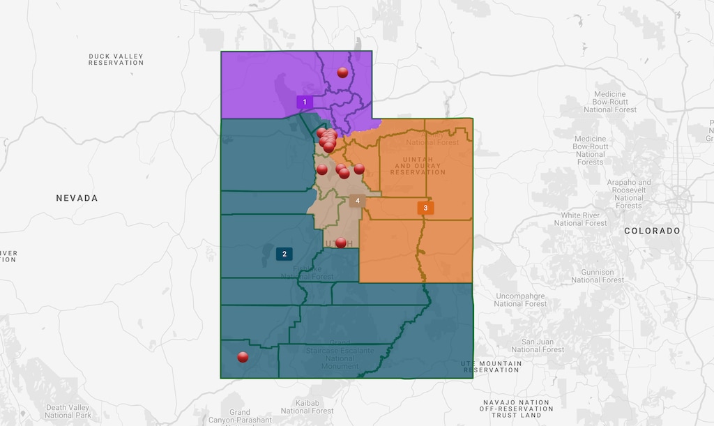 (Screenshot) The Legislative Redistricting Committee proposed a map Friday, Nov. 5, 2021, that would divide Salt Lake County among Utah's four congressional districts.